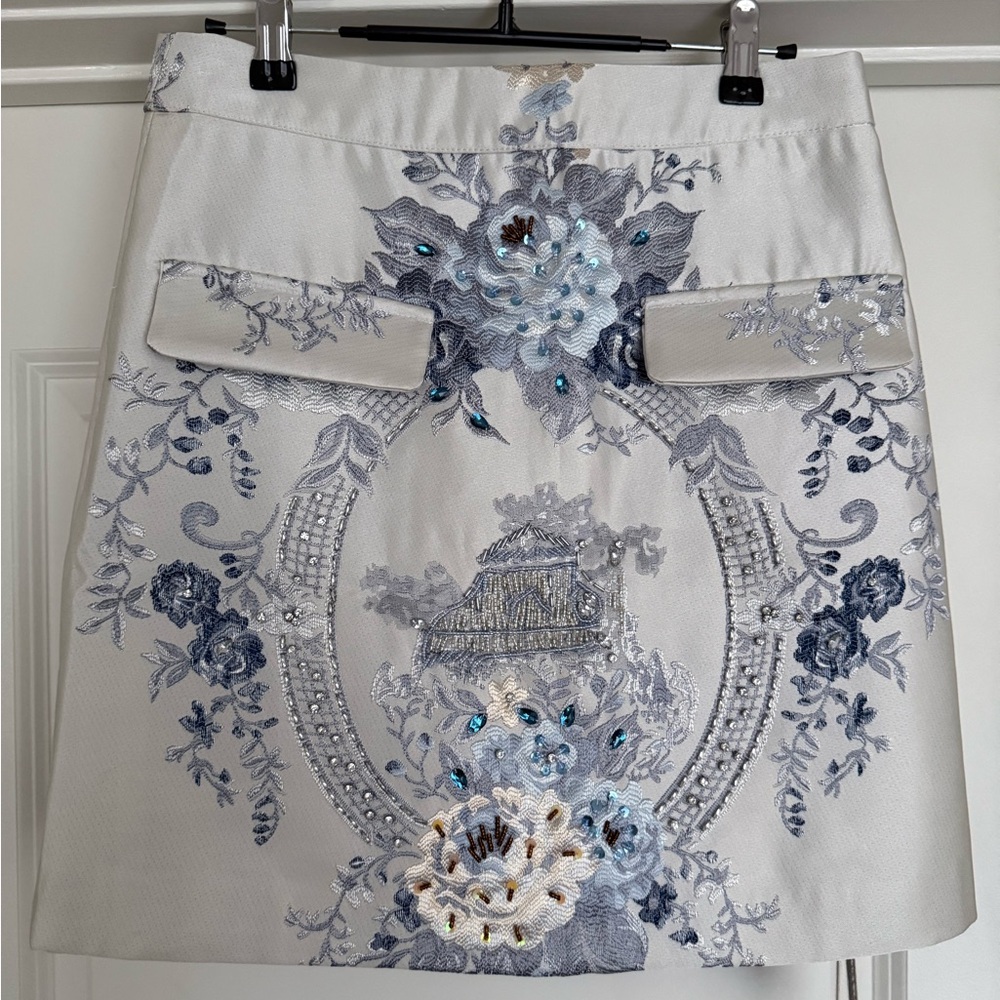 BURRYCO Floral Embroidered A-Line Skirt - White and Blue